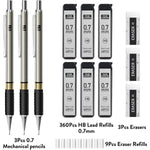 Metal_Mechanical_Pencil_Set_-_3PCS_0.7mm_Art_Mechanical_Pencils_&_360PCS_HB_Lead_Refills_&_3PCS_Erasers_&_9PCS_Eraser_Refills,_Drawing_Mechanical_Pencils_for_Writing,_Sketching-With_Case