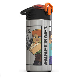 Zak_Designs_Minecraft_-_Stainless_Steel_Water_Bottle_with_One_Hand_Operation_Action_Lid_and_Built-in_Carrying_Loop,_with_Straw_Spout_is_Perfect_for_Kids_(15.5_oz,_18/8,_BPA-Free)_Drinkware_Cup_Tumbler_Portable_Bottled_Washable_Reusable_Mug_Flasks