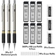 Metal_Mechanical_Pencil_Set_-_3PCS_0.7mm_Art_Mechanical_Pencils_&_360PCS_HB_Lead_Refills_&_3PCS_Erasers_&_9PCS_Eraser_Refills,_Drawing_Mechanical_Pencils_for_Writing,_Sketching-With_Case