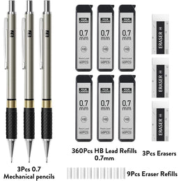 Metal_Mechanical_Pencil_Set_-_3PCS_0.7mm_Art_Mechanical_Pencils_&_360PCS_HB_Lead_Refills_&_3PCS_Erasers_&_9PCS_Eraser_Refills,_Drawing_Mechanical_Pencils_for_Writing,_Sketching-With_Case