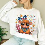 Adorable Highland Cow T-Shirt Sweatshirt Hoodie USA Flag Theme for Independence Day Celebrations