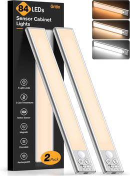 Gritin_10.2inch/_14.7_inch_Under_Cabinet_Lighting_Rechargeable_-84_LED_Super_Bright,3-Color&_5_Level_Brightness,4_Modes,Motion_Sensor,Long_Lasting-_Easy_Installation_Magnetic_Under_Cabinet_Closet_Lights_-2_Pack
