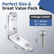 20PCS_L_Bracket_Corner_Brace_Sets,_Stainless_Steel_L_Brackets_for_Wood_Shelves,_90_Degree_Right_Angle_Bracket_with_80_Screws,_Metal_Corner_Brackets_for_Furniture_Cabinet_Drawer_Chair_(1.57x1.57_in)