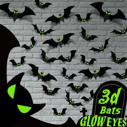 🎁 Halloween Decorations - 56 Pcs Spooky 3D Bats With Glow Eyes for Indoor Outdoor Party Decor - Plastic Scary Gothic Stickers for Bathroom Kitchen Home Room Wall (100% off)