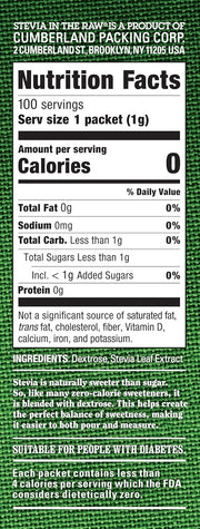 Stevia_In_The_Raw,_Plant_Based_Zero_Calorie,_No_Erythritol,_Sugar_Substitute,_Sugar-Free_Sweetener_for_Coffee,_Hot_&_Cold_Drinks,_Suitable_For_Diabetics,_Vegan,_Gluten-Free,_100Count_Packets_(1_Pack)