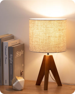EDISHINE_Tripod_Table_Lamp,_Small_Cute_Bedside_Lamp_with_Linen_Beige_Lampshade,_Nightstand_Lamp_for_Nursery,_Bedroom,_Kid_Room,_Living_Room,_Light_Brown_Wooden_Base,_E26_Socket,_14.2_Inch