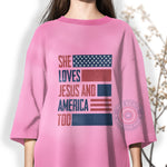 She Loves Jesus And America 4th of July unisex T-shirt sweatshirt hoodie expressing faith pride and patriotism