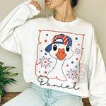 Cute Goose 4th of July Hoodie – T-shirt, hoodie, sweatshirt featuring fireworks and cartoon goose wearing USA hat