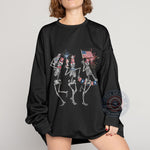 Dancing Skeletons 4th of July Hoodie – Funny Patriotic T-shirt, Sweatshirt, or Hoodie Featuring Skeletons with Fireworks, American Flags & Uncle Sam Hats