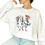 Dancing Skeletons 4th of July Hoodie – Funny Patriotic T-shirt, Sweatshirt, or Hoodie Featuring Skeletons with Fireworks, American Flags & Uncle Sam Hats