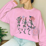 Dancing Skeletons 4th of July Hoodie – Funny Patriotic T-shirt, Sweatshirt, or Hoodie Featuring Skeletons with Fireworks, American Flags & Uncle Sam Hats