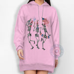 Dancing Skeletons 4th of July Hoodie – Funny Patriotic T-shirt, Sweatshirt, or Hoodie Featuring Skeletons with Fireworks, American Flags & Uncle Sam Hats