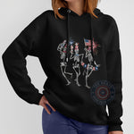 Dancing Skeletons 4th of July Hoodie – Funny Patriotic T-shirt, Sweatshirt, or Hoodie Featuring Skeletons with Fireworks, American Flags & Uncle Sam Hats