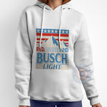 Red White Busch Light American flag mountain 4th of July unisex T-shirt sweatshirt hoodie celebrating USA Independence Day with a striking design
