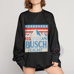 Red White Busch Light American flag mountain 4th of July unisex T-shirt sweatshirt hoodie celebrating USA Independence Day with a striking design