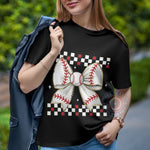 Retro Checkered Baseball Mom Bow T-shirt/Sweatshirt/Hoodie - Cute Game Day Apparel for Father's Day