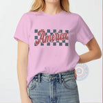 America Checkered Pattern 4th of July unisex T-shirt, sweatshirt, hoodie – dynamic style to celebrate the big holiday.