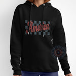 America Checkered Pattern 4th of July unisex T-shirt, sweatshirt, hoodie – dynamic style to celebrate the big holiday.