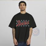 America Checkered Pattern 4th of July unisex T-shirt, sweatshirt, hoodie – dynamic style to celebrate the big holiday.