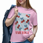 Patriotic Cherry T-Shirt - Celebrate Independence Day with 4th of July Striped Cherry Bow Design Hoodie Sweatshirt