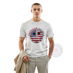 American Soldier with Smiley Face and American Flag 4th of July unisex T-shirt sweatshirt hoodie expressing strong patriotic pride.
