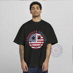 American Soldier with Smiley Face and American Flag 4th of July unisex T-shirt sweatshirt hoodie expressing strong patriotic pride.