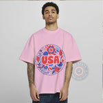 July 4th Independence Day Hoodie – Pink Floral Circle Graphic Sweatshirt in Red White and Blue