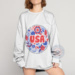 July 4th Independence Day Hoodie – Pink Floral Circle Graphic Sweatshirt in Red White and Blue